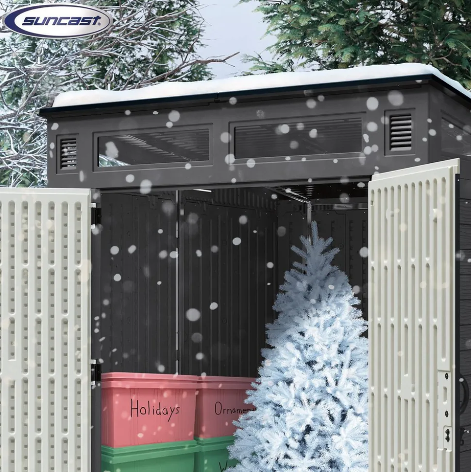 Sheds: Shed Type: Vertical Storage Shed; Overall Width: 75 in; Overall Depth: 65.25 in; Overall Height: 89.75 in