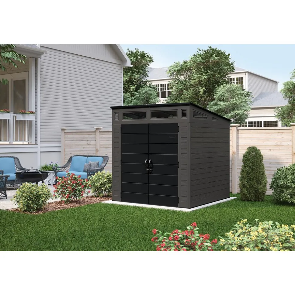Sheds: Shed Type: Vertical Storage Shed; Overall Width: 87 in; Overall Depth: 87.5 in; Overall Height: 89.5 in