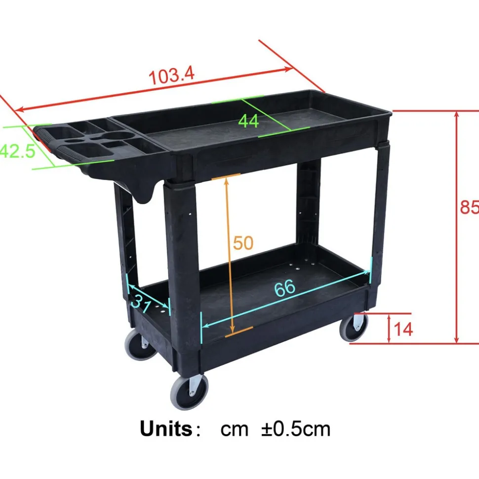 Shelf Utility Cart: 39-3/4" Long, 17" Wide, Plastic, 500.000 lb Capacity, Black