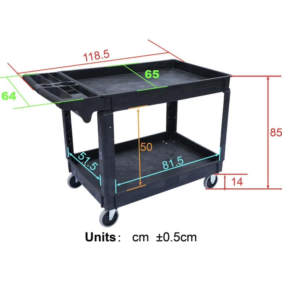 Shelf Utility Cart: 46" Long, 25-1/2" Wide, Plastic, 500.000 lb Capacity, Black