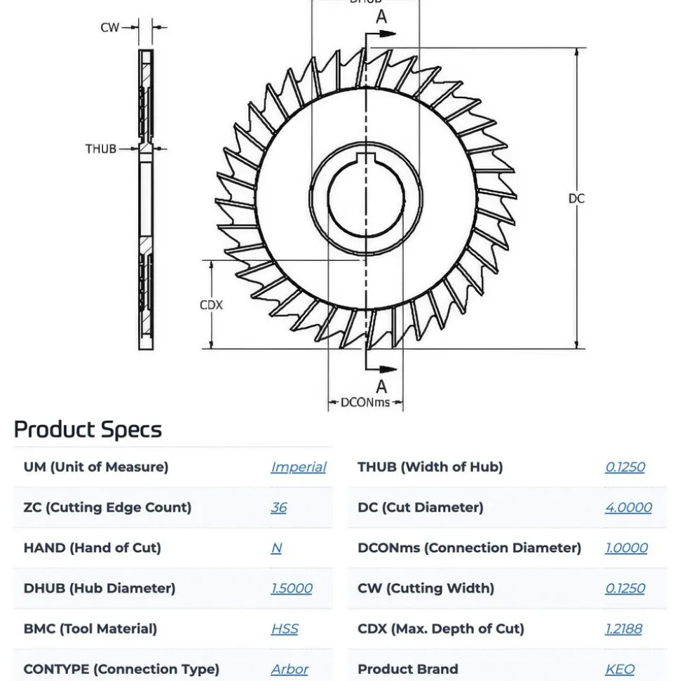 Slitting & Slotting Saw: 4" Dia, 1/8" Thick, 1" Arbor Hole, 36 Teeth, High Speed Steel