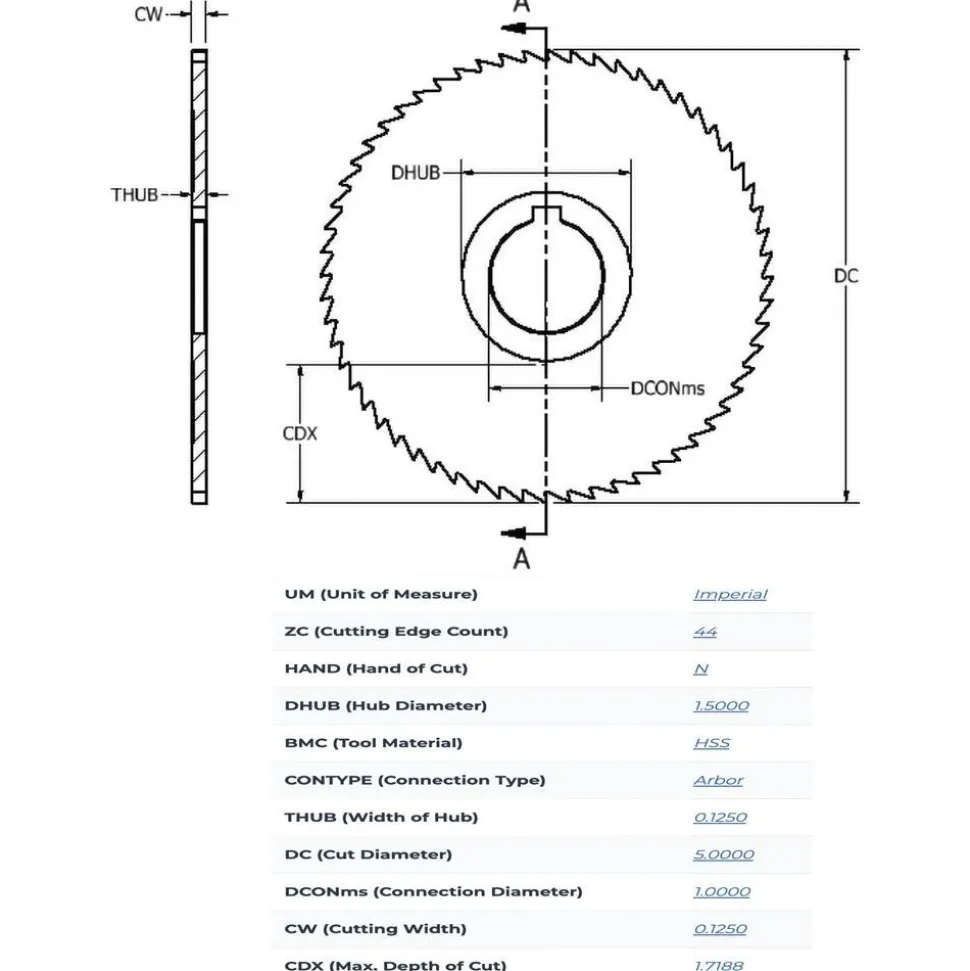 Slitting & Slotting Saw: 5" Dia, 1/8" Thick, 1" Arbor Hole, 44 Teeth, High Speed Steel