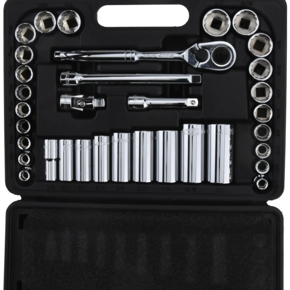 Socket Set: Deep Standard, 34 Pc, 3/8" Drive, 5/16 to 7/8", 8.00 to 19.00 mm