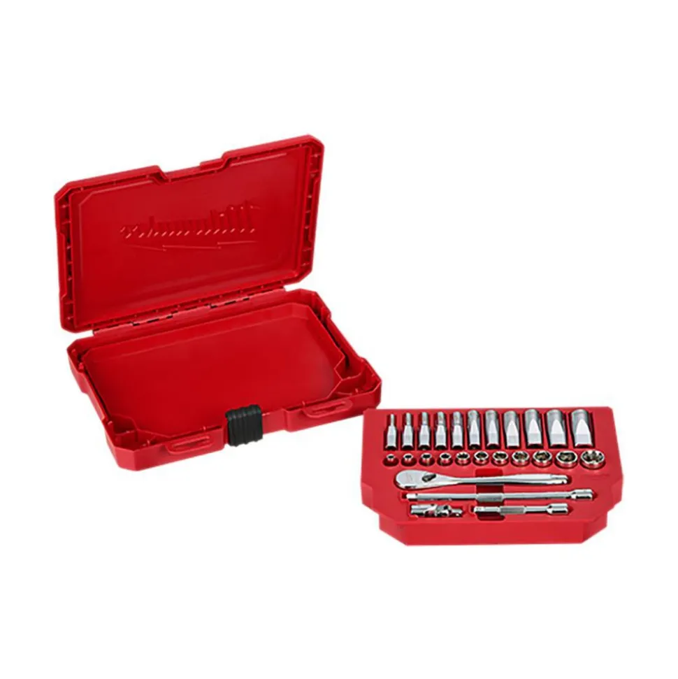 Socket Set: Ratchet & Socket, 26 Pc, 1/4" Drive, 1/2" Min, 9/32" Max