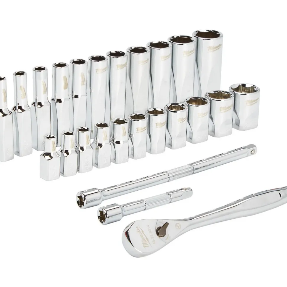 Socket Set: Ratchet & Socket, 26 Pc, 1/4" Drive, 1/2" Min, 9/32" Max
