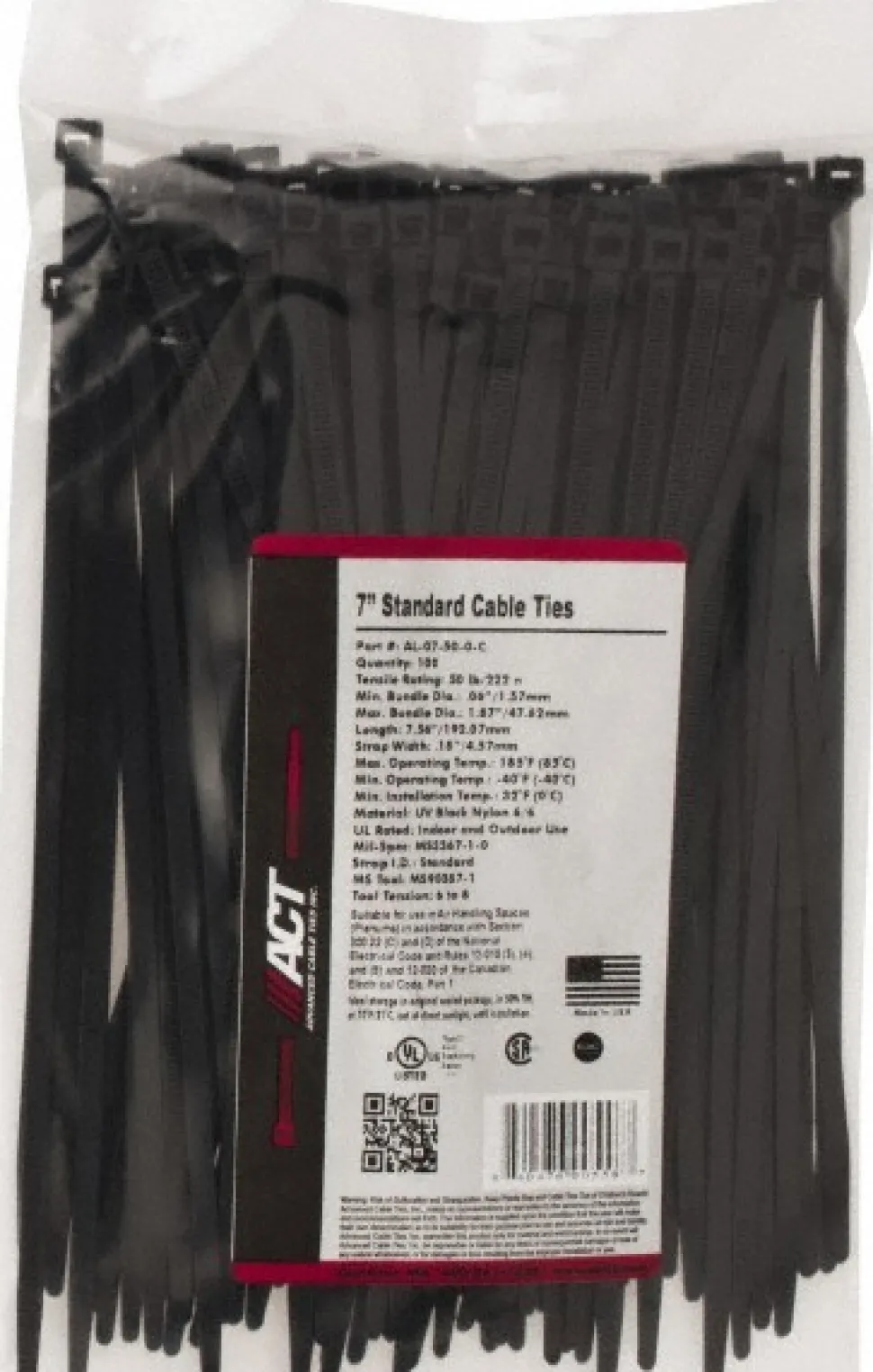 Standard Cable Tie: 7.562" Long, Black, Nylon