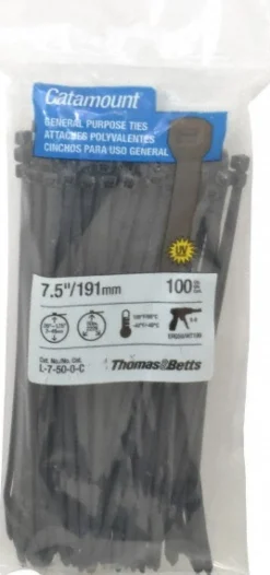 Standard Cable Tie: 7-1/2" Long, Black, Nylon