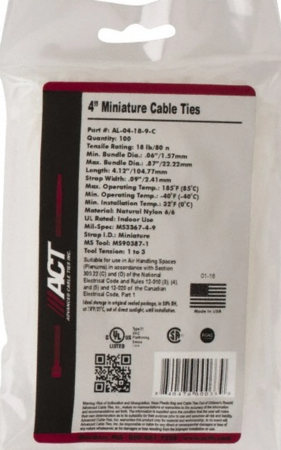 Standard Cable Tie: 4-1/8" Long, Natural, Nylon