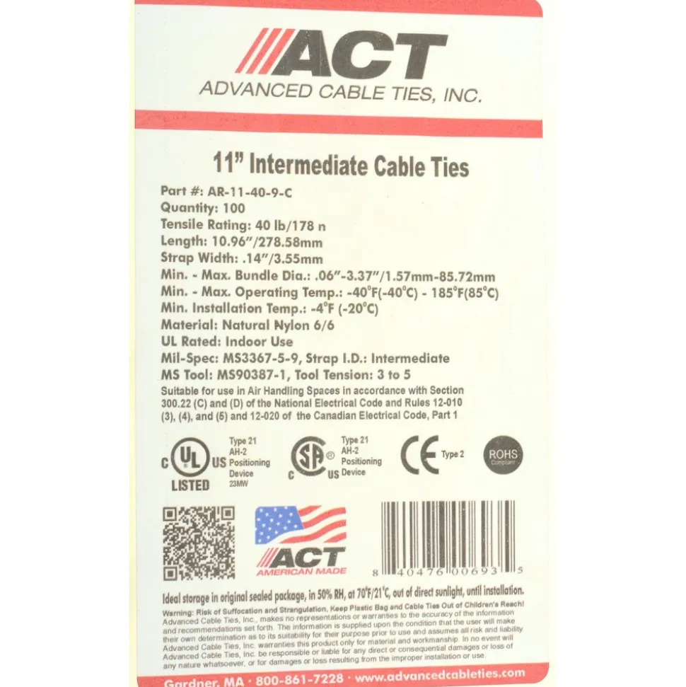Standard Cable Tie: 10.968" Long, Natural, Nylon
