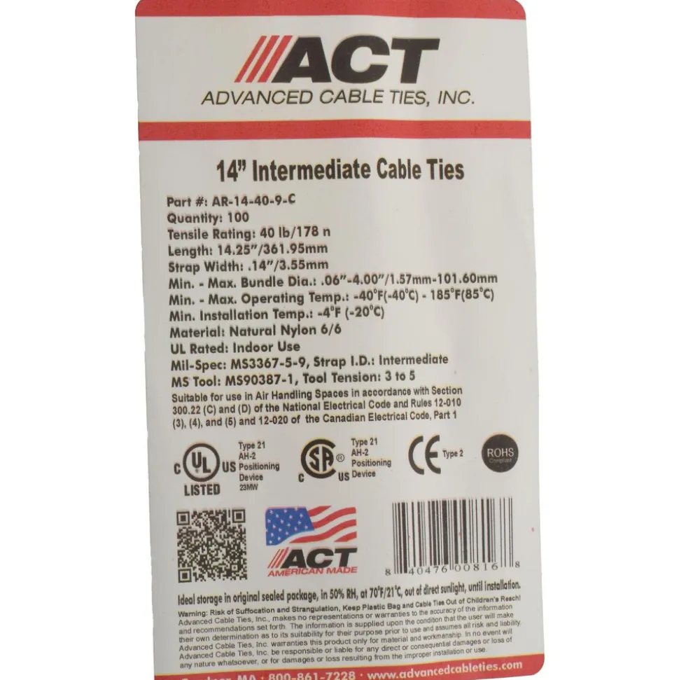 Standard Cable Tie: 14-1/4" Long, Natural, Nylon