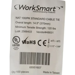 Standard Cable Tie: 14-1/2" Long, Natural, Nylon