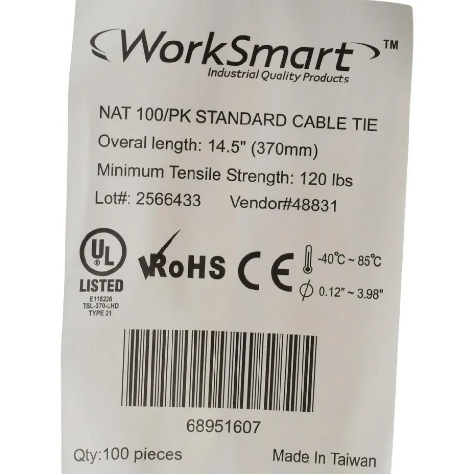 Standard Cable Tie: 14-1/2" Long, Natural, Nylon