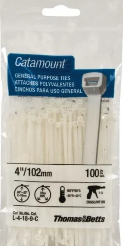 Standard Cable Tie: 4" Long, Natural, Nylon