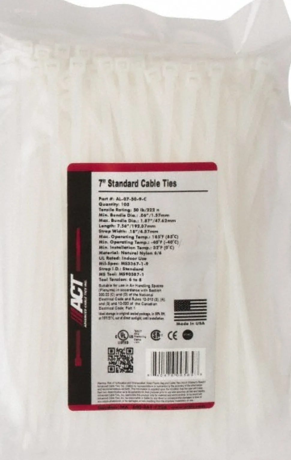 Standard Cable Tie: 7.562" Long, Natural, Nylon