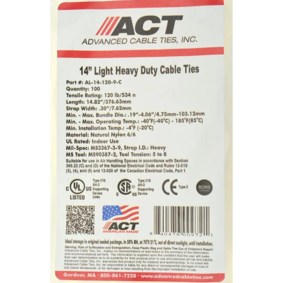 Standard Cable Tie: 14" Long, Natural, Nylon