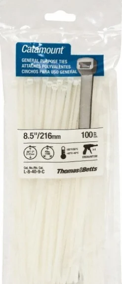 Standard Cable Tie: 8-1/2" Long, Natural, Nylon