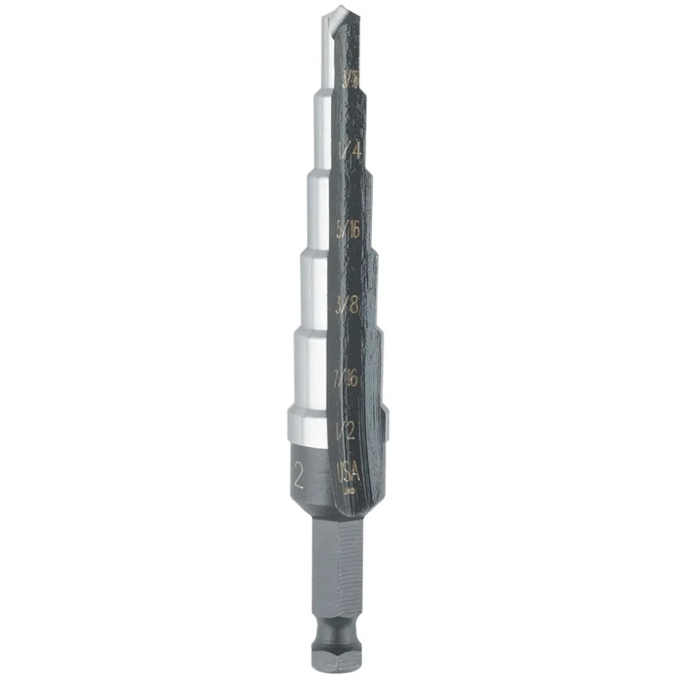 Step Drill Bit: 3/16" Min, 1/2" Max, 1/4" Shank Dia, Cobalt, 6 Hole Sizes