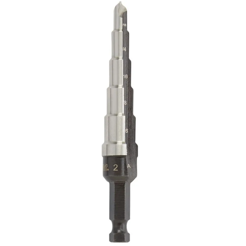 Step Drill Bit: 3/16" Min, 1/2" Max, 1/4" Shank Dia, Cobalt, 6 Hole Sizes