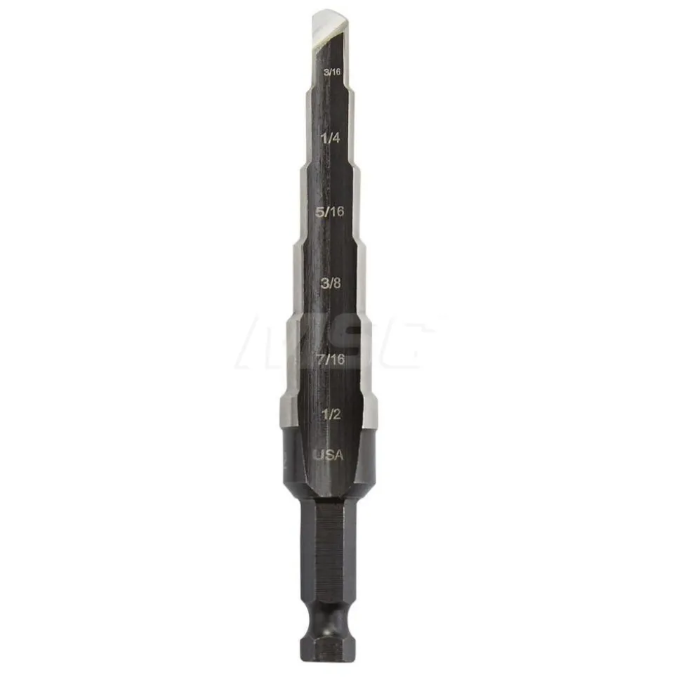 Step Drill Bit: 3/16" Min, 1/2" Max, 1/4" Shank Dia, Cobalt, 6 Hole Sizes
