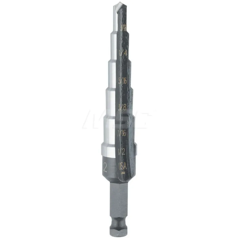 Step Drill Bit: 3/16" Min, 1/2" Max, 1/4" Shank Dia, Cobalt, 6 Hole Sizes