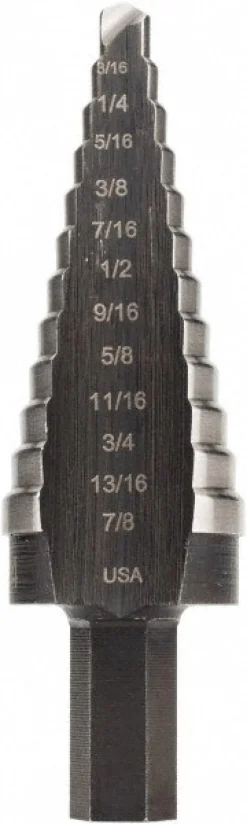 Step Drill Bit: 3/16" Min, 7/8" Max, 3/8" Shank Dia, High-Speed Steel, 12 Hole Sizes