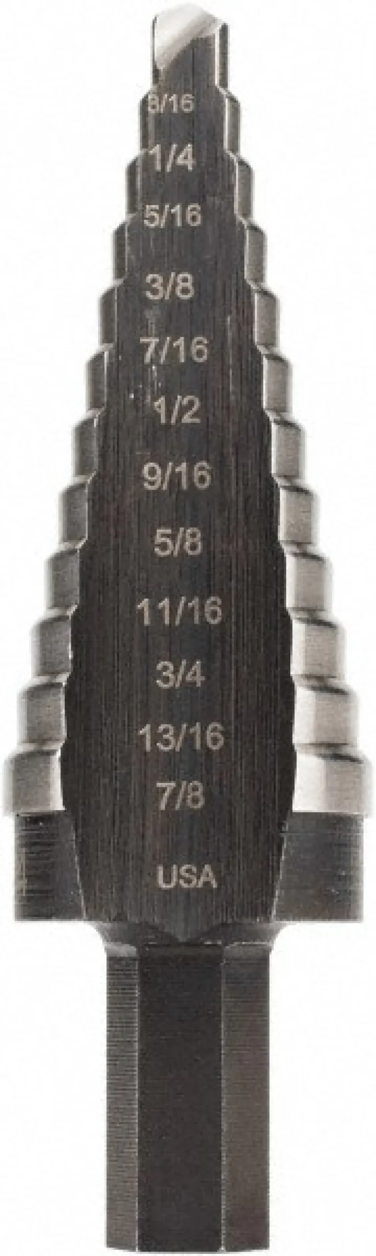 Step Drill Bit: 3/16" Min, 7/8" Max, 3/8" Shank Dia, High-Speed Steel, 12 Hole Sizes