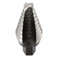 Step Drill Bit: 1/4" Min, 3/4" Max, 3/8" Shank Dia, High-Speed Steel, 9 Hole Sizes