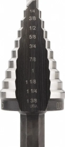 Step Drill Bit: 1/4" Min, 1-3/8" Max, 7/16" Shank Dia, High-Speed Steel, 10 Hole Sizes