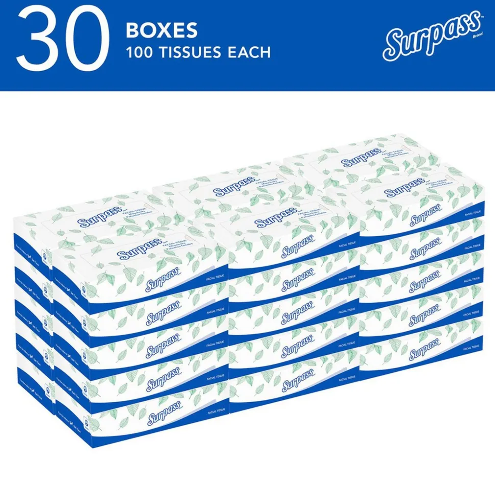Surpass® Facial Tissue (21340), 2-Ply, White, Ecologo, Flat Facial Tissue Boxes for Business
