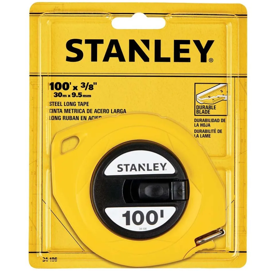 Tape Measure: 100' Long, 3/8" Width, Yellow Blade