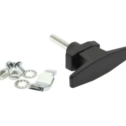 T-Handle without Lock Door Latch: 3-1/16" OAL, 3" OAW, 7/8" OAH, Die Cast Zinc & Steel, Black Powder Coated