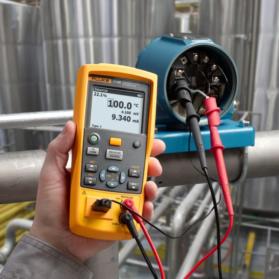 The Fluke 714B is a handheld, battery-operated instrument that measures and sources a variety of thermocouple types and millivolts. It can calibrate a linear thermocouple transmitter with the mV source function and also measure mA while sourcing temperature. It also provides linear ramp and 25% step auto ramp functionality based on 0% and 100% settings for performing quick, linearity checks. With the intelligent shutdown feature the Fluke 714B remembers settings when powered down so you can quickly replicate tests after powering back up. The calibrator also has one-year and two-year specifications, along with a traceable certificate of calibration. Combine that with its rugged construction, a backlit display, and easy to use interface and you have an ideal test tool for temperature calibration professionals who want a highly accurate, single-function thermocouple temperature calibrator.