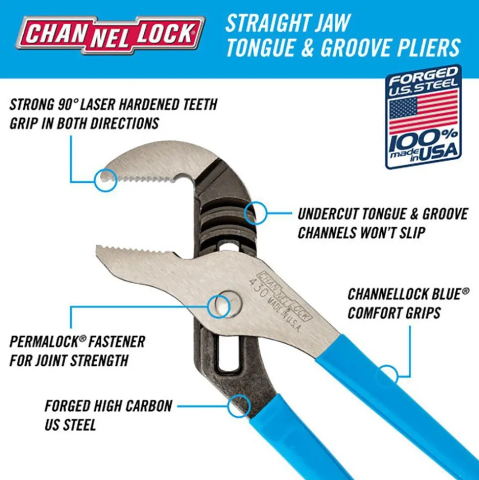 Tongue & Groove Plier: 2" Cutting Capacity, Standard Straight Jaw