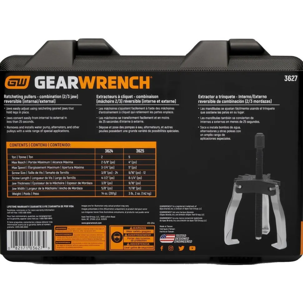 5 Ton, 3-1/4 to 5" Spread, Ratcheting Puller Set