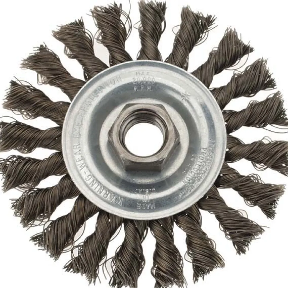 Wheel Brush: 4" Wheel Dia, 3/8" Face Width, 0.0140" Wire Dia, Knotted