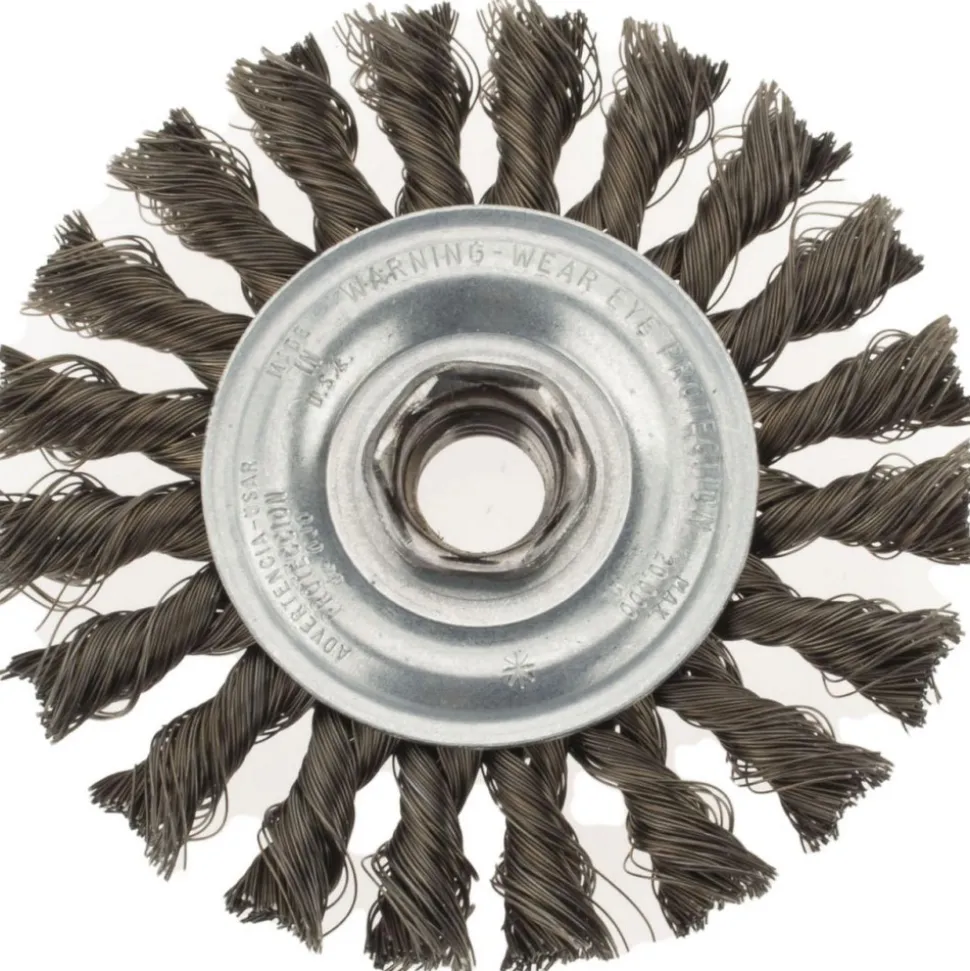Wheel Brush: 4" Wheel Dia, 3/8" Face Width, 0.0140" Wire Dia, Knotted