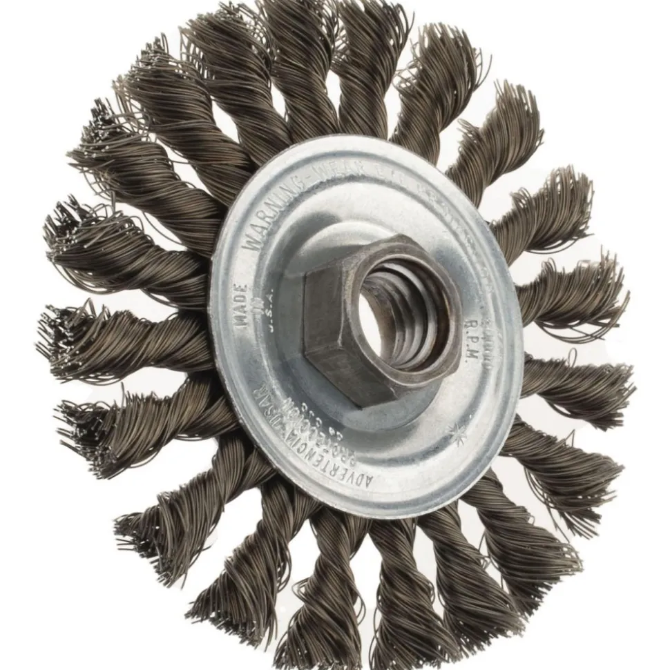 Wheel Brush: 4" Wheel Dia, 3/8" Face Width, 0.0140" Wire Dia, Knotted