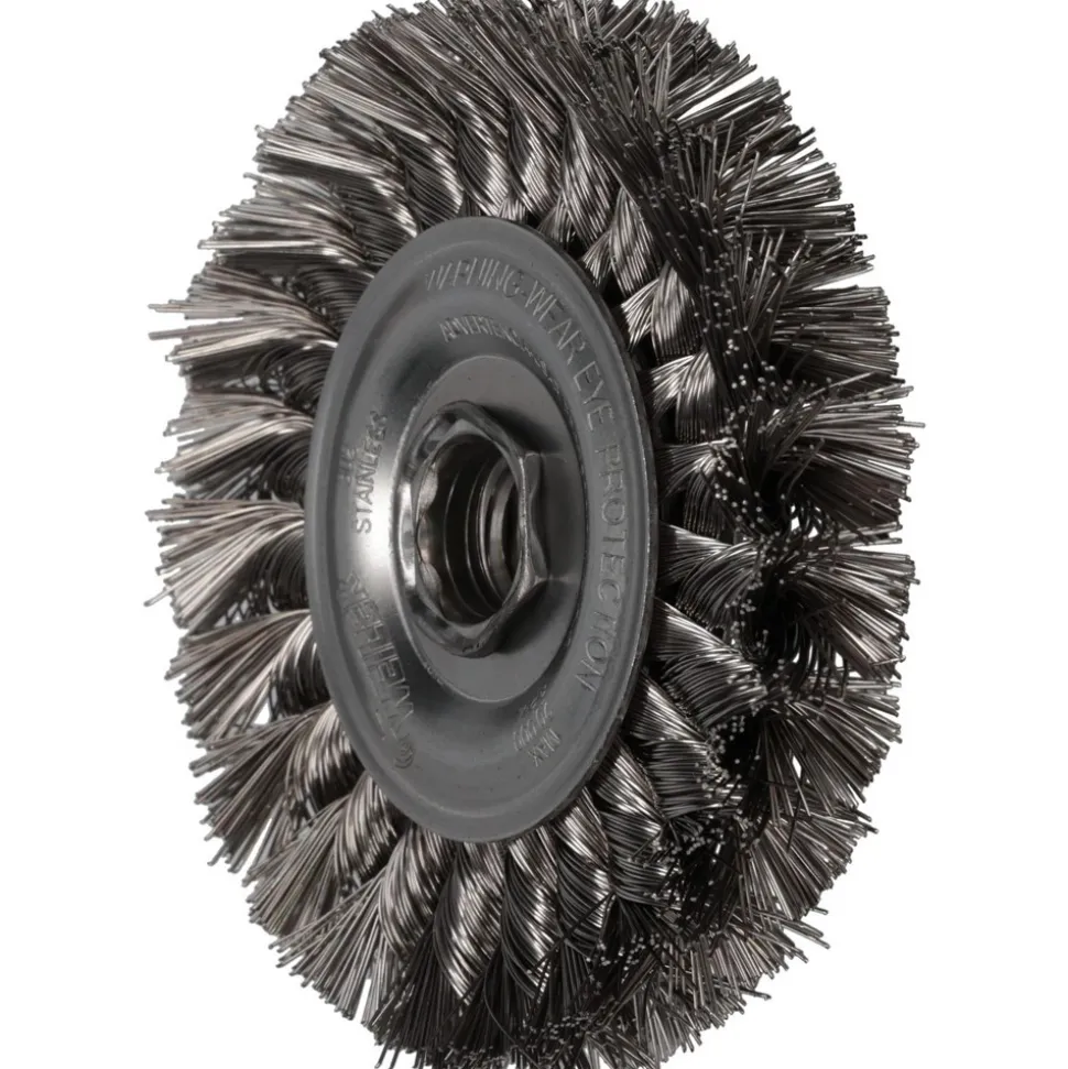 Wheel Brush: 4" Wheel Dia, 1/2" Face Width, 0.0140" Wire Dia, Knotted