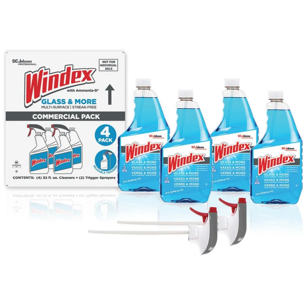 Windex Glass & More, Multi-Surface, Streak-Free Commercial, 4 Piece Set, Capped Bottles, 2 Triggers, 32oz