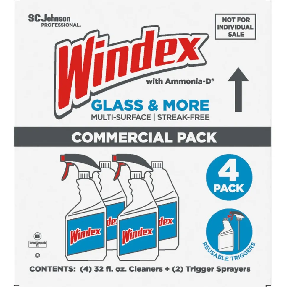 Windex Glass & More, Multi-Surface, Streak-Free Commercial, 4 Piece Set, Capped Bottles, 2 Triggers, 32oz